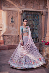Grey Net & Organza Hand Embellished Lehenga Set